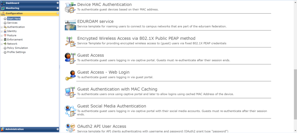 More examples of some of the “Start Here” configuration wizards in a popular NAC product