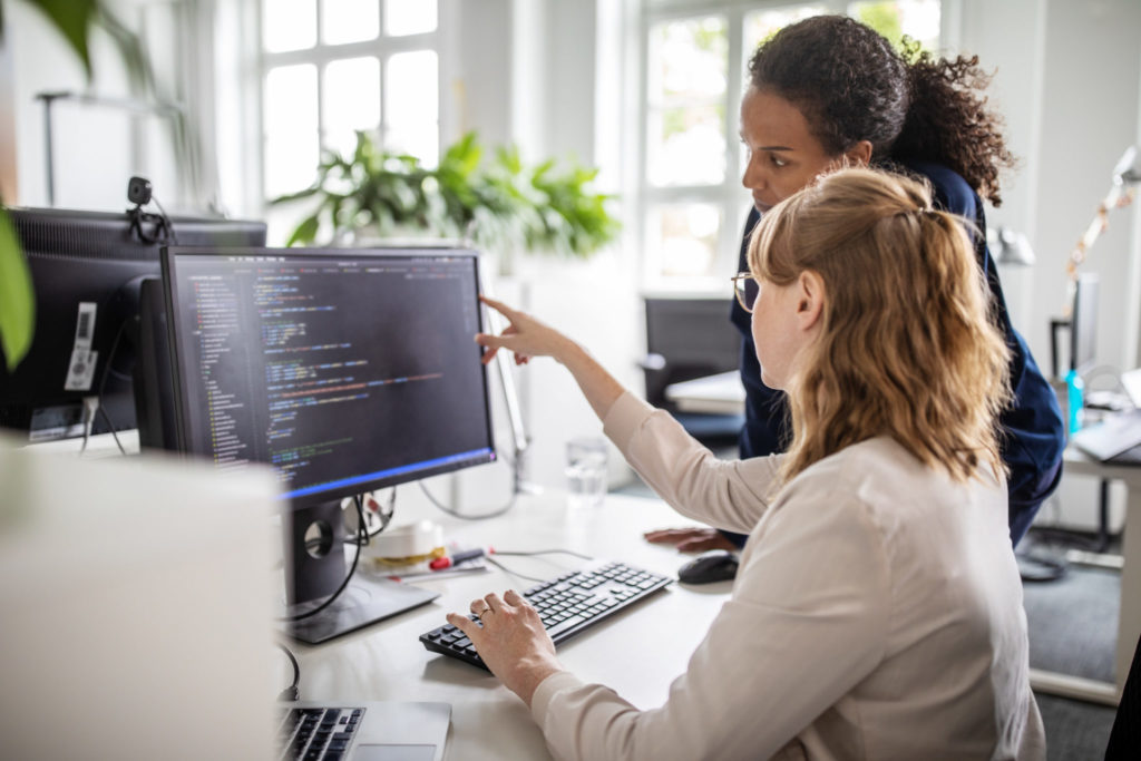 Business woman discussing computer program to other woman.