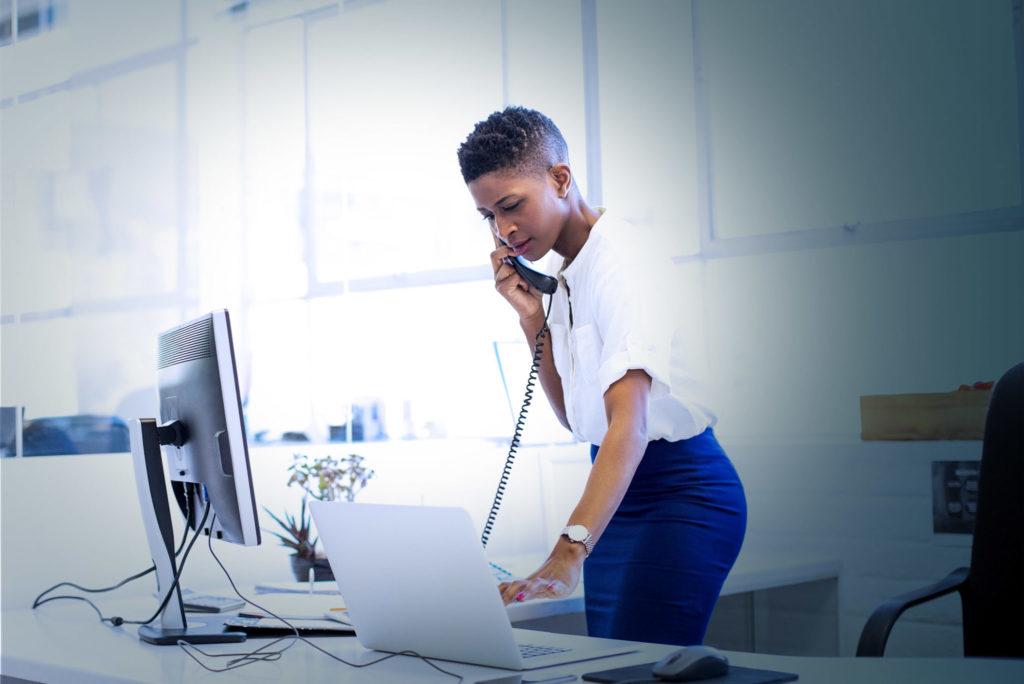 woman on phone. collaborate with Microsoft Business Voice